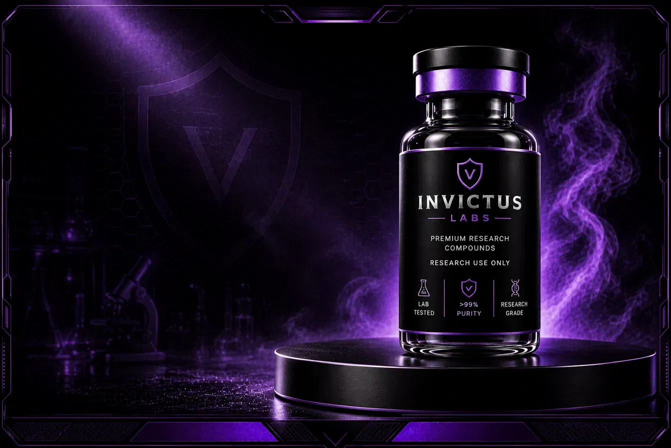 Invictus Labs research vial on a black pedestal in a violet-lit laboratory